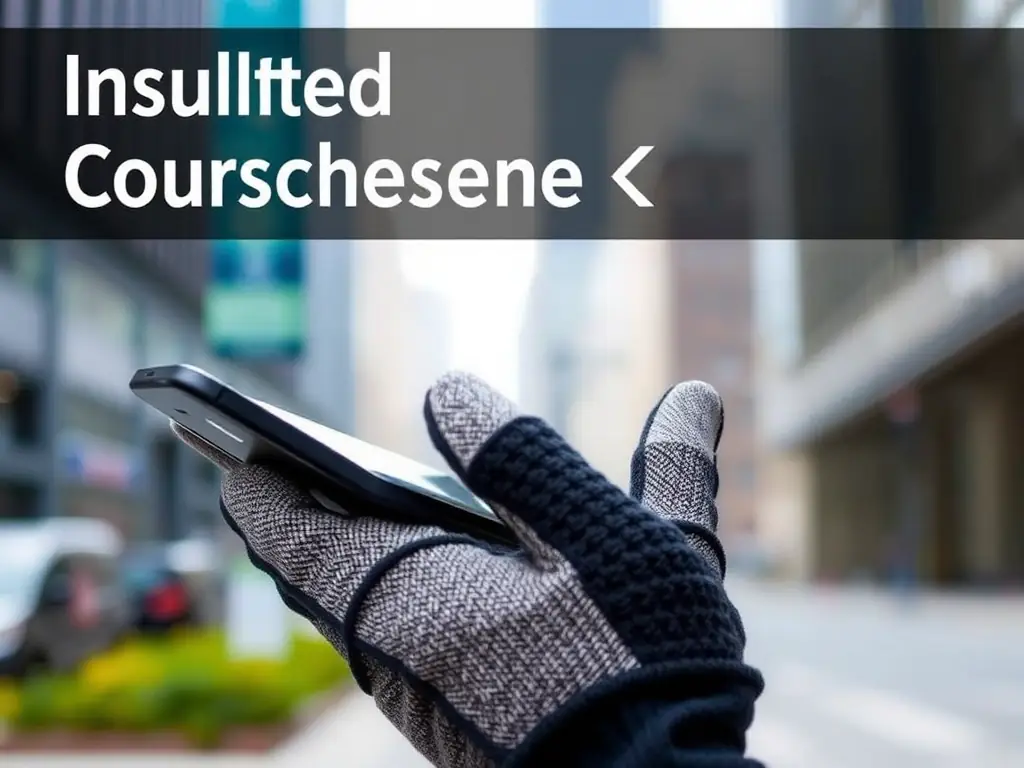 A detailed image of the Insulated Touchscreen Gloves, emphasizing their conductive fingertips and stylish design. The gloves are shown being used with a smartphone, highlighting their functionality.