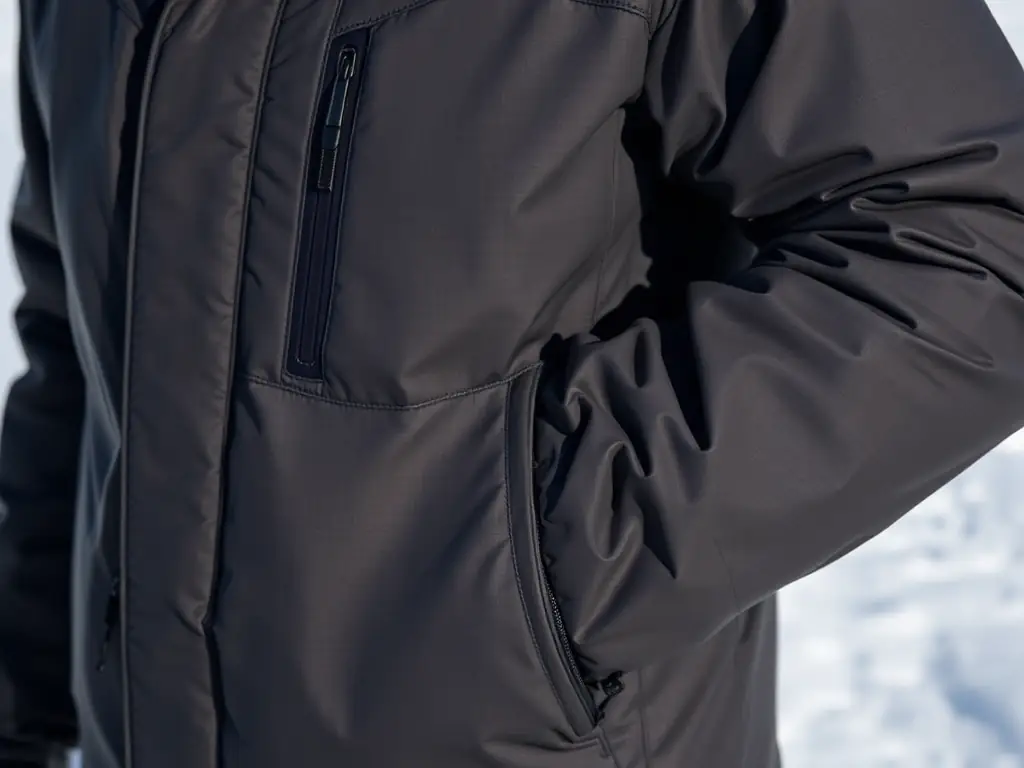 A close-up shot of the Alpine Explorer Jacket, showcasing its waterproof fabric and insulated lining. The jacket is displayed in a snowy environment, emphasizing its durability and performance in extreme conditions.