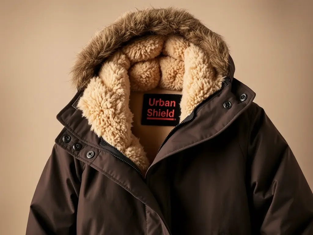A close-up shot of the Urban Shield Parka, showcasing its durable outer shell and plush inner lining. The image highlights the parka's superior warmth and comfort, perfect for urban environments.