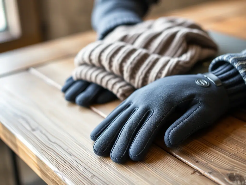 A close-up shot of the Thermal Knit Beanie and Insulated Touchscreen Gloves, showcasing their high-quality materials and stylish design. The accessories are displayed on a rustic wooden table, emphasizing their warmth and functionality.